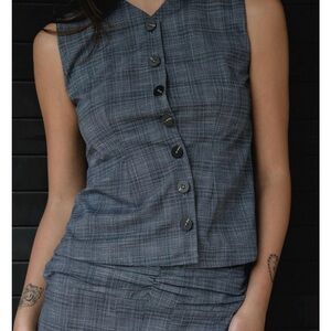 Sleeveless Gray Plaid Button-Front Top